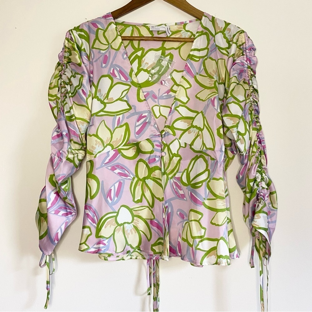 NEW ASOS Abstract Ruched Sleeves Satin Top Size 14